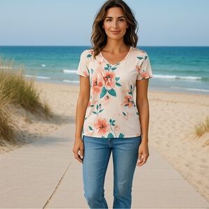 Nwot tickled teal white top floral design